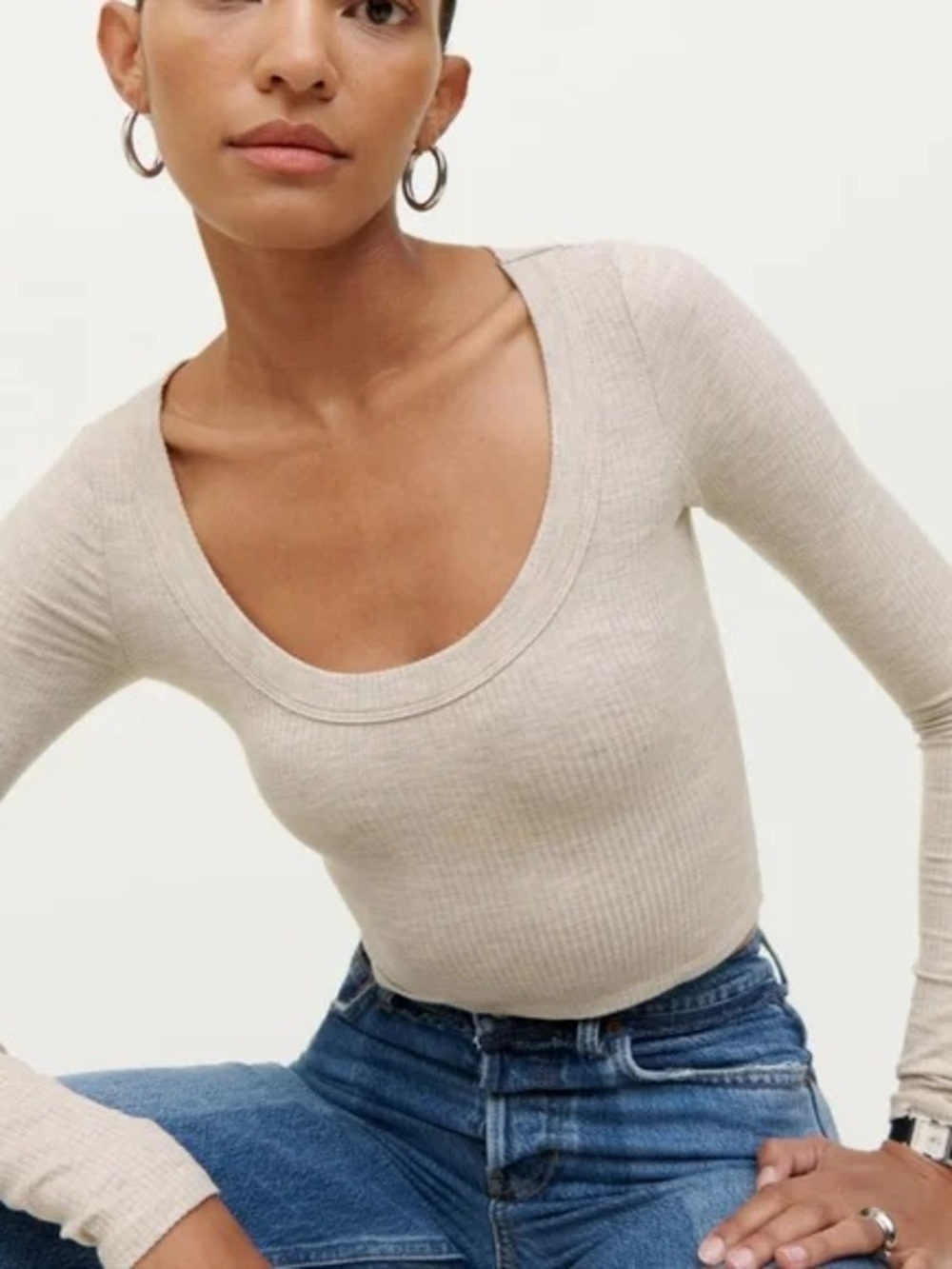 Reformation Womens Ribbed Scoop Neck Long Sleeve Tee Small S Heathered Gray